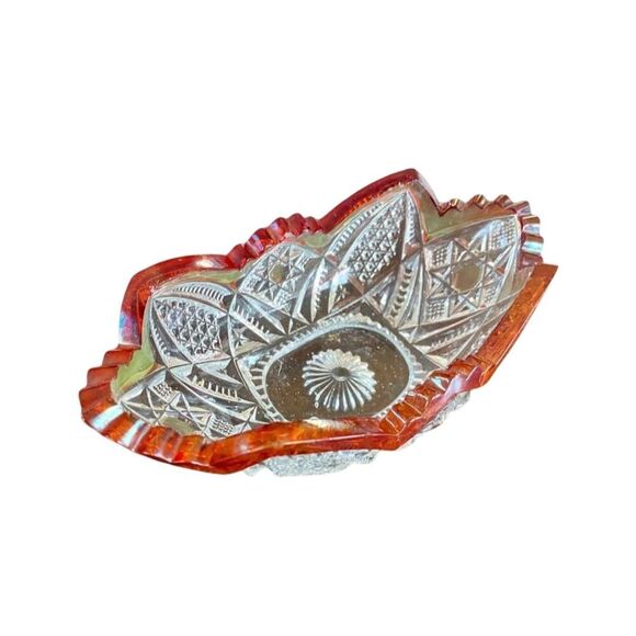 Vintage Bohemian Etched Crystal Bowl Ruby Red Trim Decorative 6" - Picture 5 of 8